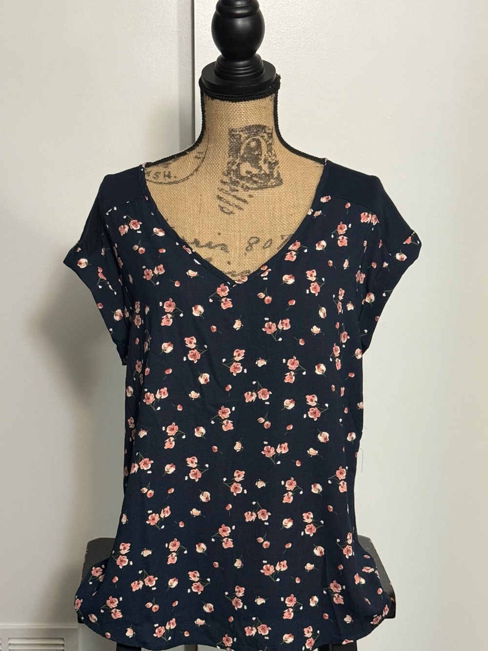 Tempted Navy V-Neck Short Sleeve Top with Pink Floral Print